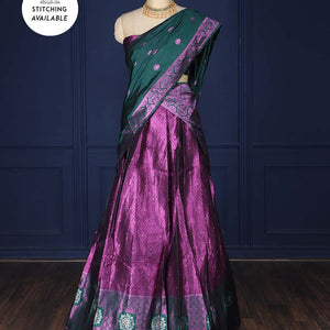 Purple jacquard art silk half saree, contrast intricate border, jacquard blouse & dhavani of zari designs