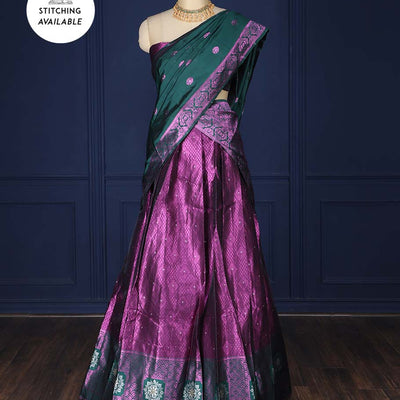 Purple jacquard art silk half saree, contrast intricate border, jacquard blouse & dhavani of zari designs