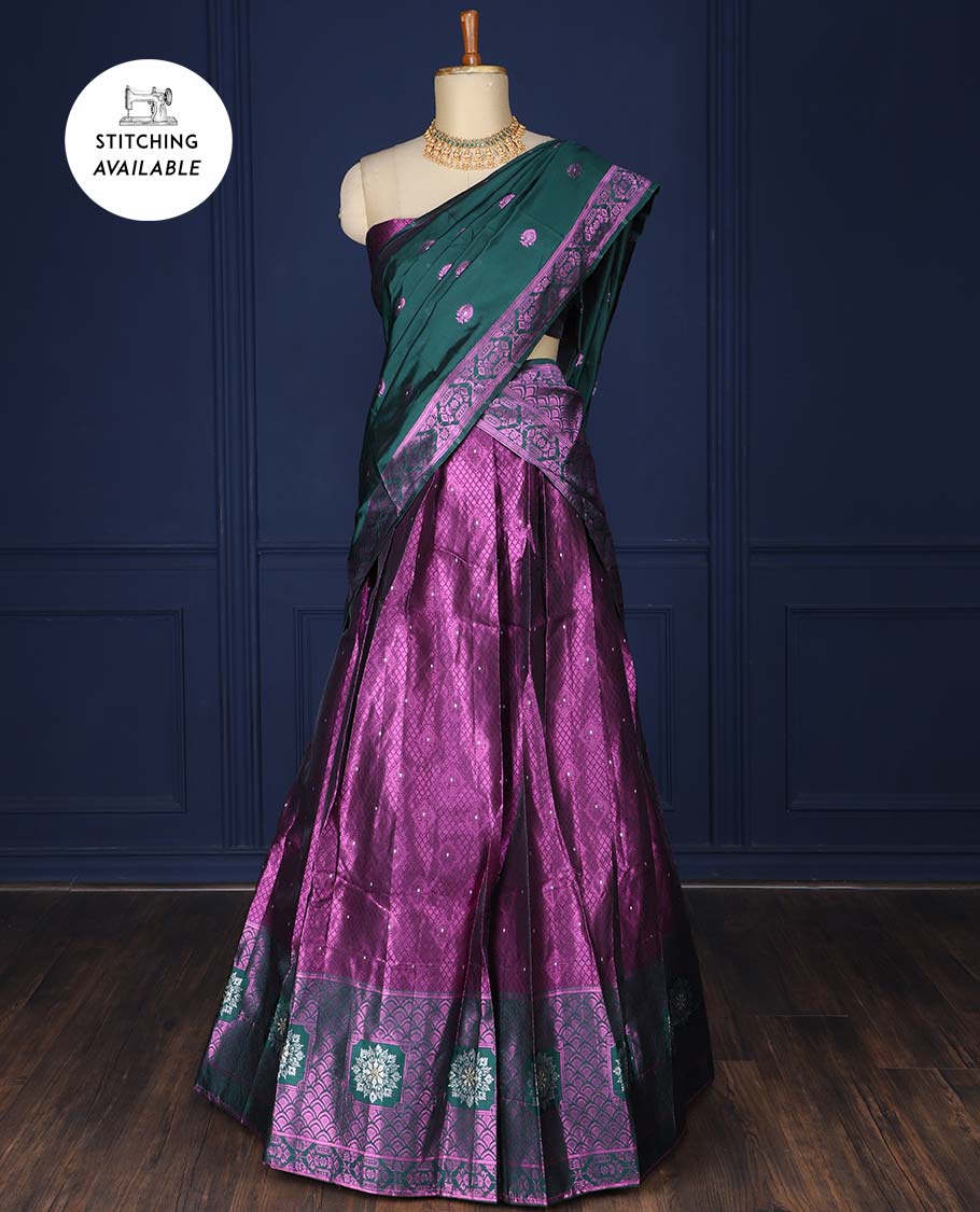 Purple jacquard art silk half saree, contrast intricate border, jacquard blouse & dhavani of zari designs