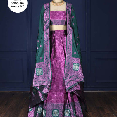 Purple jacquard art silk half saree, contrast intricate border, jacquard blouse & dhavani of zari designs