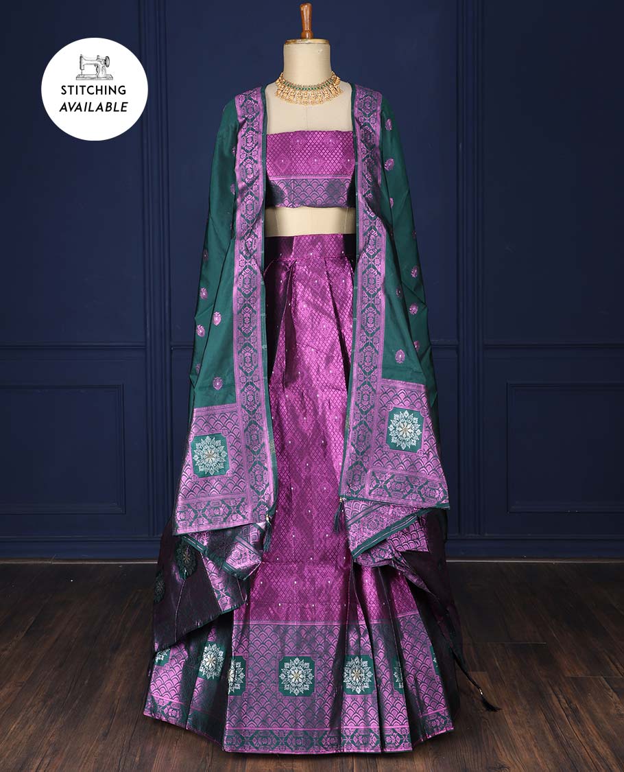 Purple jacquard art silk half saree, contrast intricate border, jacquard blouse & dhavani of zari designs