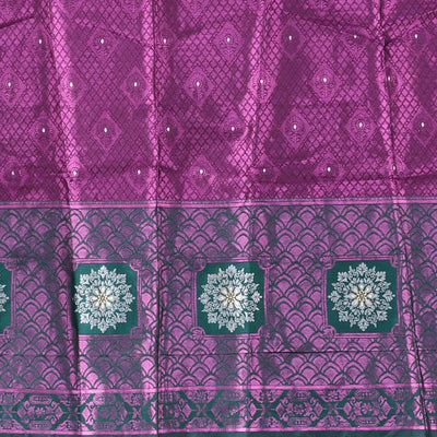 Purple jacquard art silk half saree, contrast intricate border, jacquard blouse & dhavani of zari designs