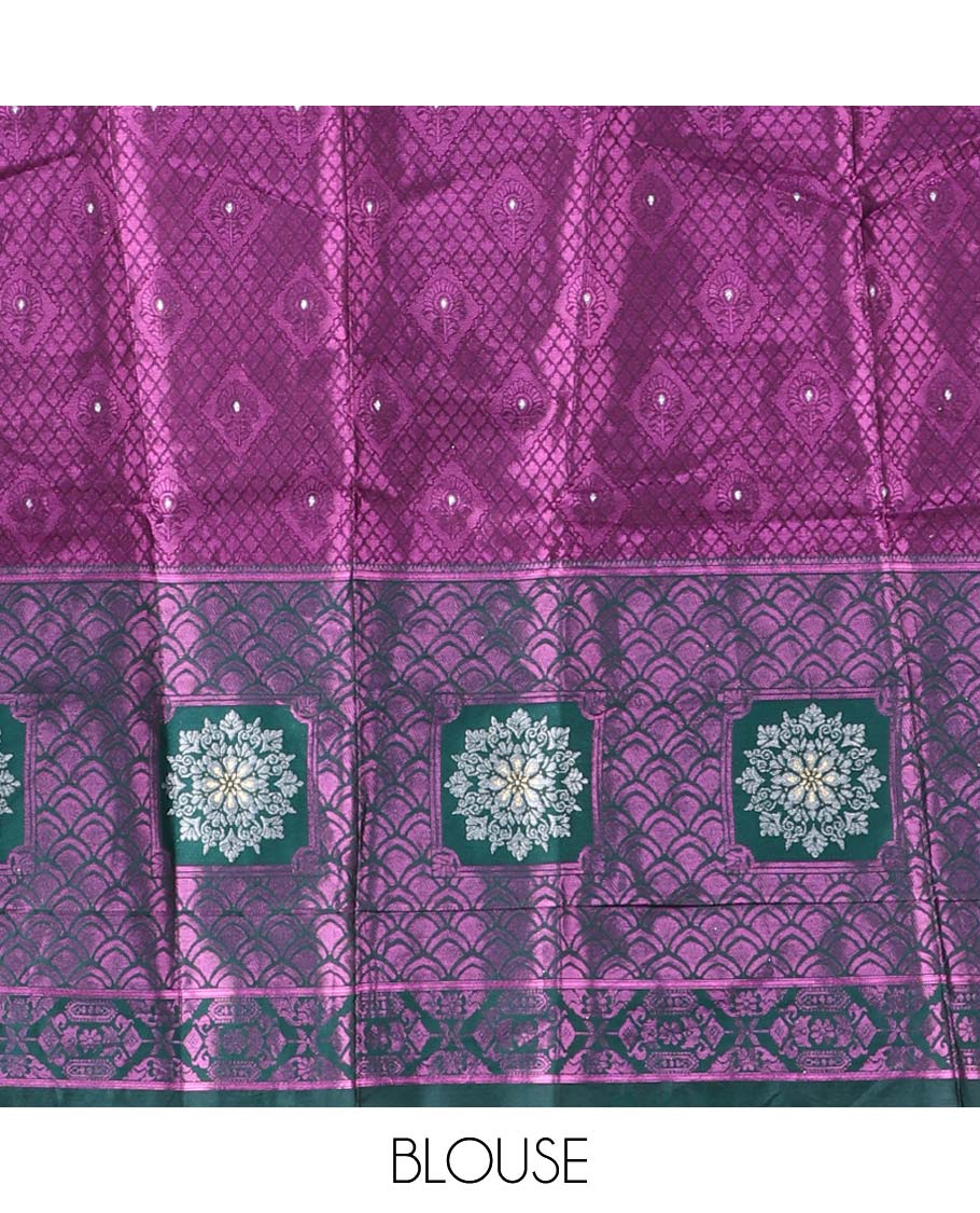 Purple jacquard art silk half saree, contrast intricate border, jacquard blouse & dhavani of zari designs