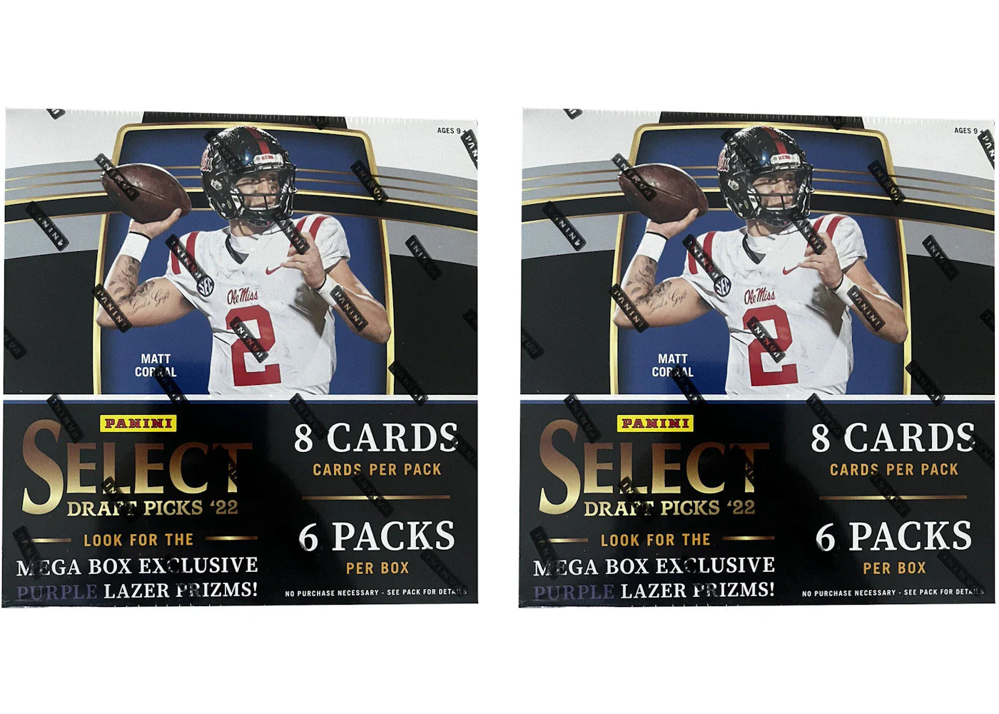 2022 Panini Select Draft Picks Collegiate Football Mega Box (Purple Lazer Prizms) 2x Lot