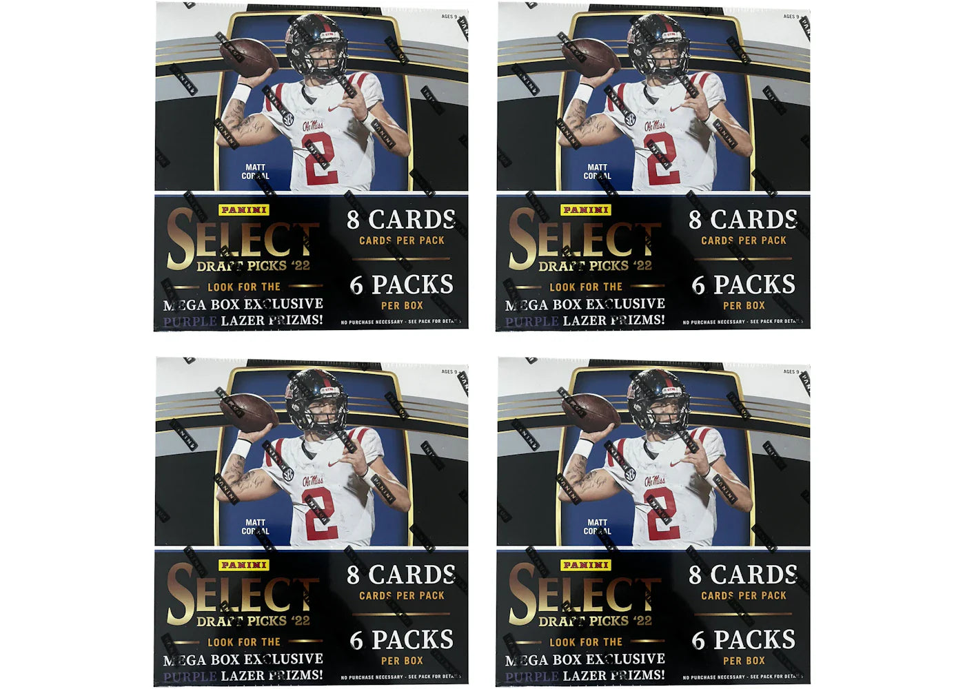2022 Panini Select Draft Picks Collegiate Football Mega Box (Purple Lazer Prizms) 4x Lot