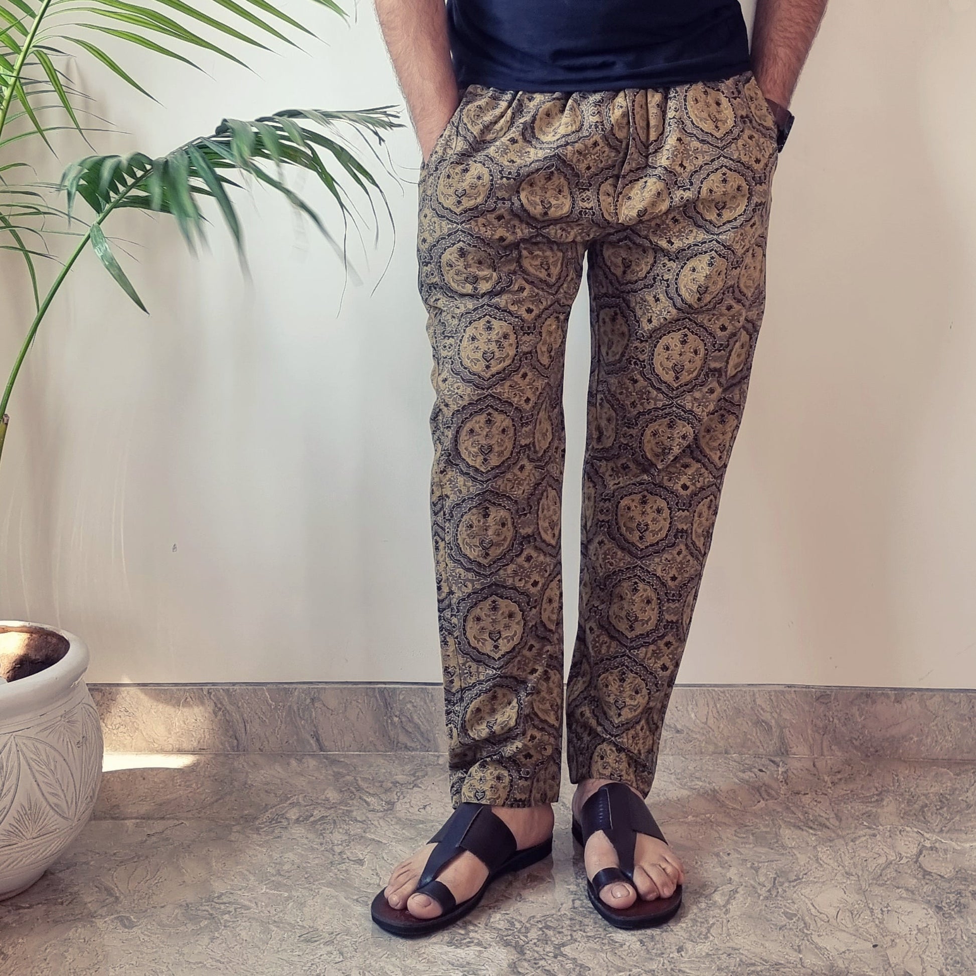 Brown - Ajrakh Block Printed Cotton Men’s Pyjama