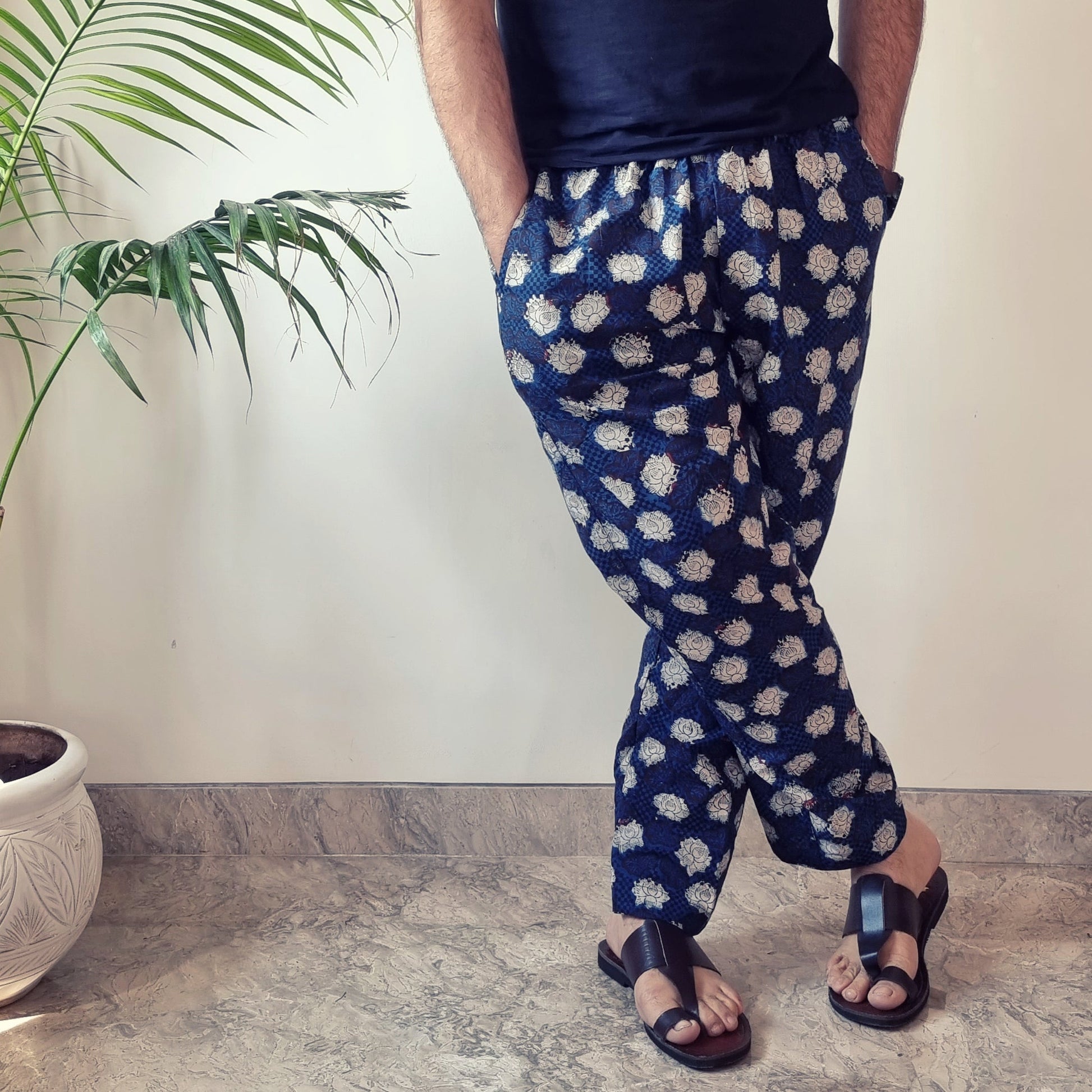 Blue - Bagru Block Printed Cotton Men’s Pyjama