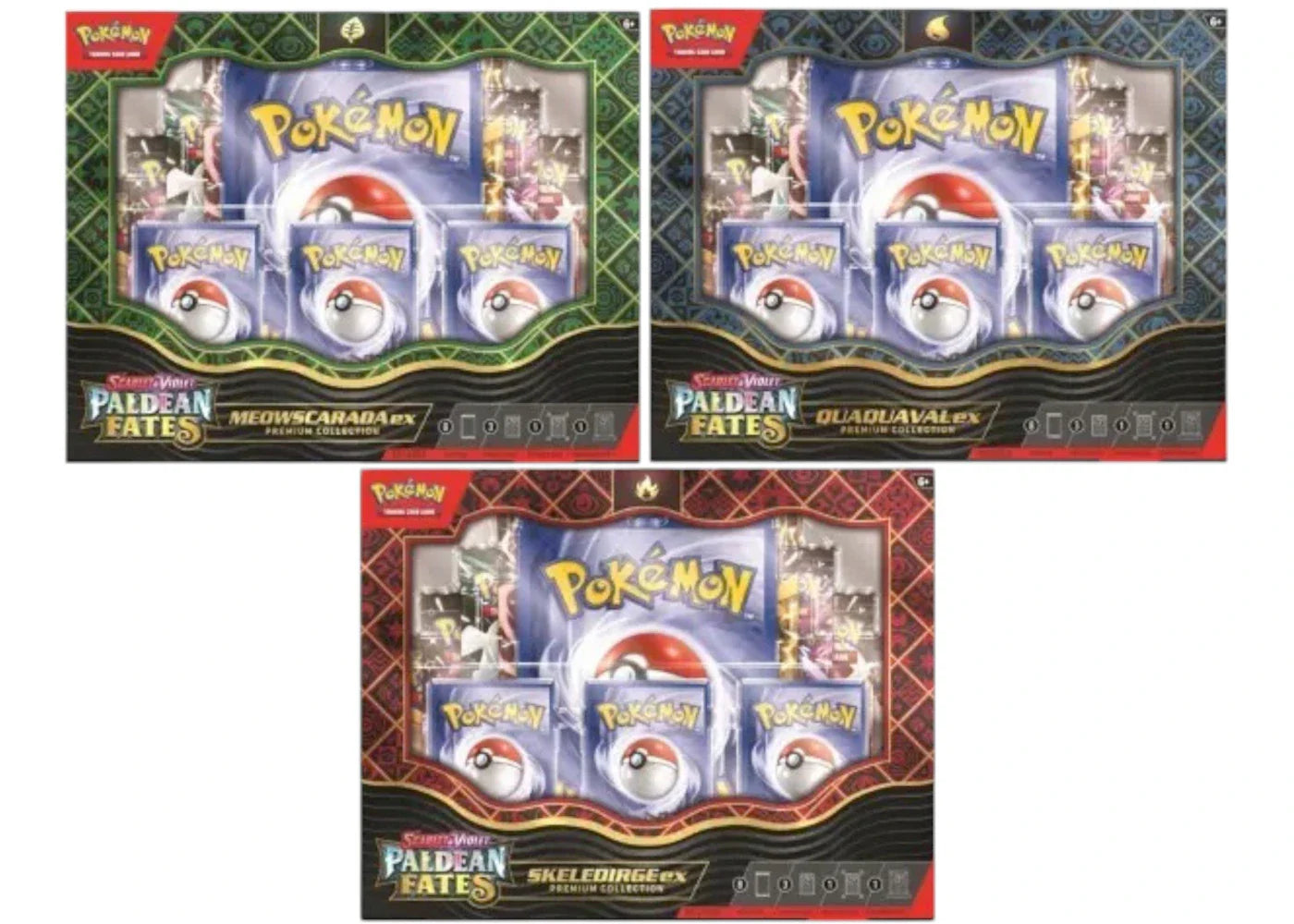 2024 Pokémon TCG Scarlet & Violet Paldean Fates Meowscarada ex/Quaquaval ex/Skeledirge ex Premium Collection 3x Lot