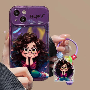 Cartoon Geek Girl Mirror Case with Charm