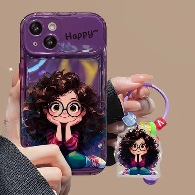 Cartoon Geek Girl Mirror Case with Charm