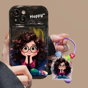 Cartoon Geek Girl Mirror Case with Charm