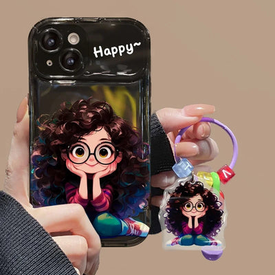 Cartoon Geek Girl Mirror Case with Charm