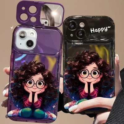Cartoon Geek Girl Mirror Case with Charm