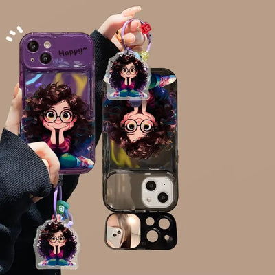 Cartoon Geek Girl Mirror Case with Charm