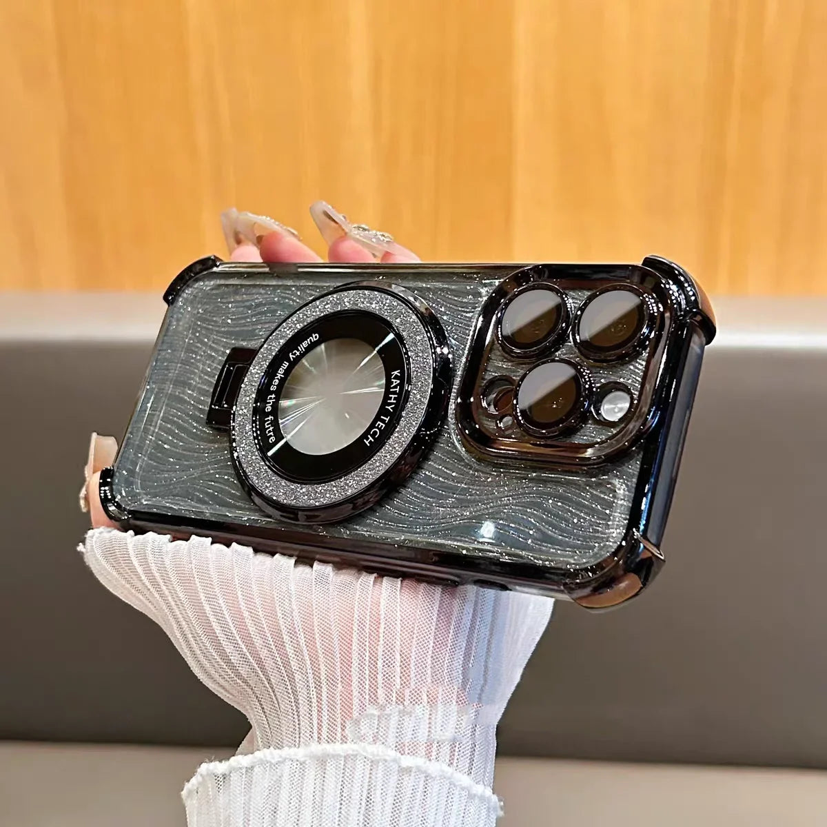 iPhone 16 Series Elegant Water Ripple Glitter Stand Case