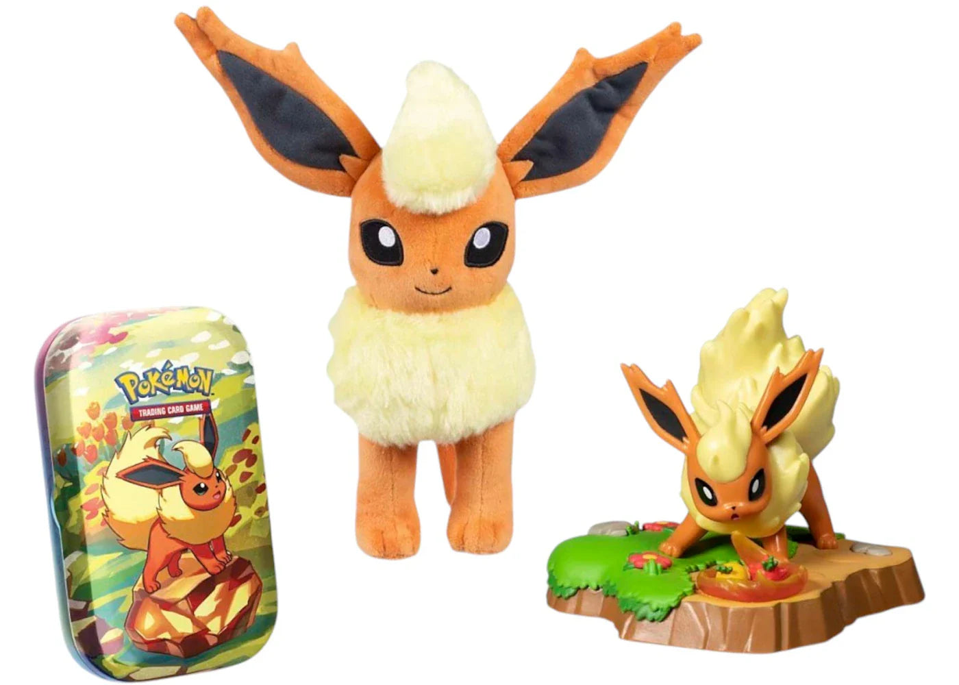 2025 Pokémon Scarlet & Violet Prismatic Evolutions Flareon Plush, Figure & TCG Mini Tin Bundle