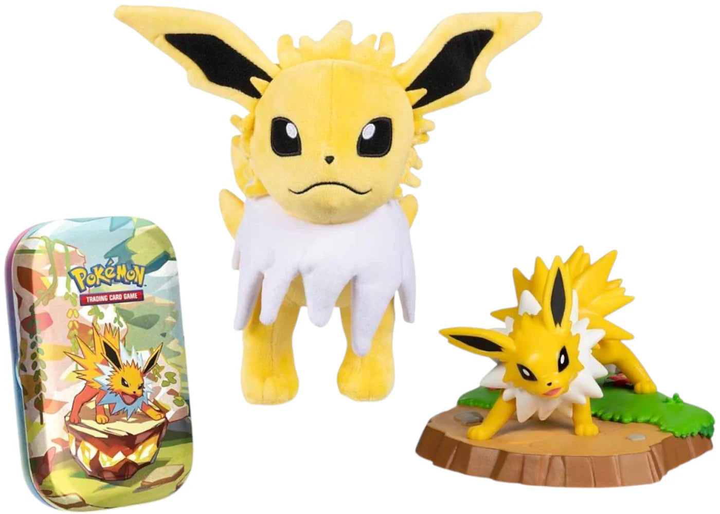 2025 Pokémon Scarlet & Violet Prismatic Evolutions Jolteon Plush, Figure & TCG Mini Tin Bundle