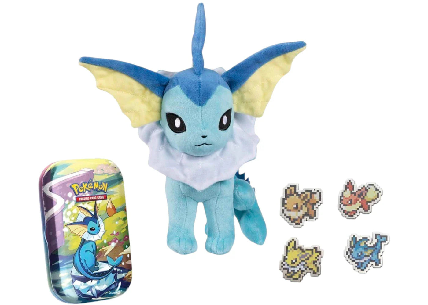 2025 Pokémon Scarlet & Violet Prismatic Evolutions Vaporeon Plush, Pixel Pins & TCG Mini Tin Bundle