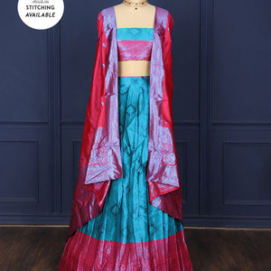 Blue jacquard art-silk half saree, contrast traditional zari border, jacquard blouse & intricate design dhavani