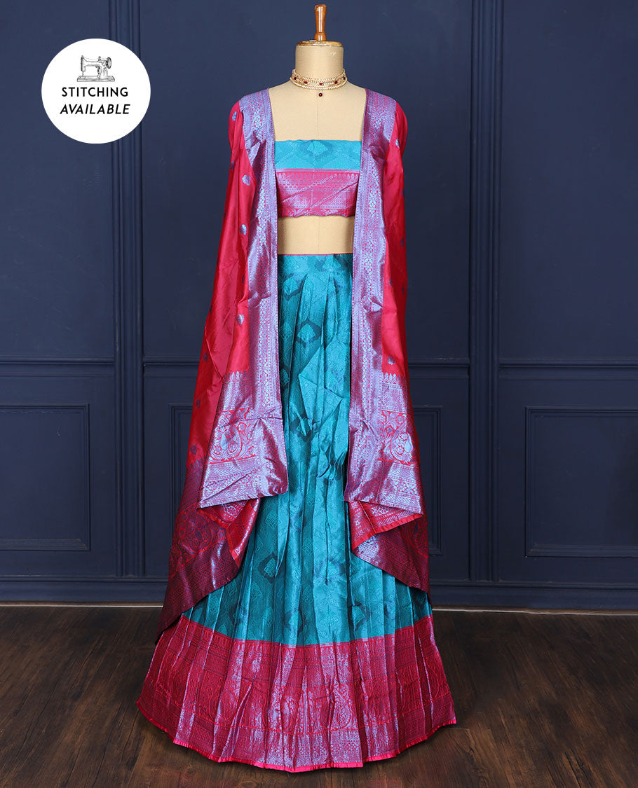 Blue jacquard art-silk half saree, contrast traditional zari border, jacquard blouse & intricate design dhavani