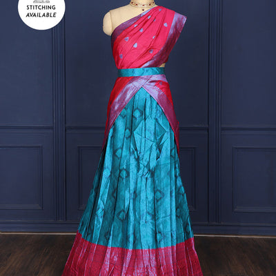 Blue jacquard art-silk half saree, contrast traditional zari border, jacquard blouse & intricate design dhavani