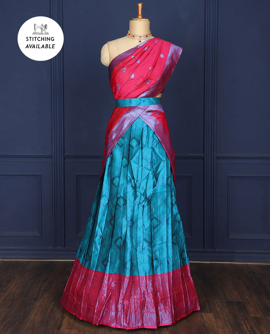 Blue jacquard art-silk half saree, contrast traditional zari border, jacquard blouse & intricate design dhavani