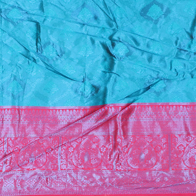 Blue jacquard art-silk half saree, contrast traditional zari border, jacquard blouse & intricate design dhavani