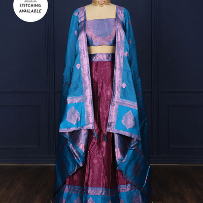 Maroon zari design art-silk semi-stitched half saree,contrast zari border, jacquard stonework blouse & intricate dhavani