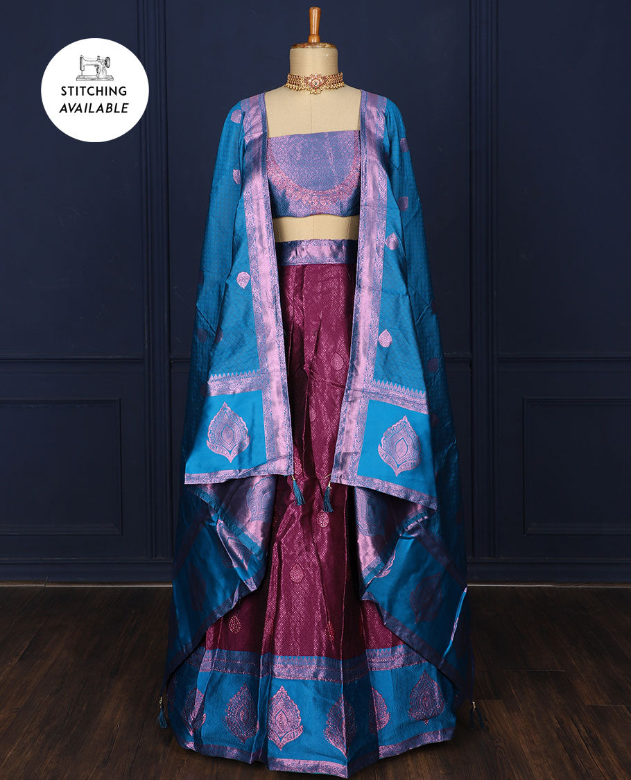 Maroon zari design art-silk semi-stitched half saree,contrast zari border, jacquard stonework blouse & intricate dhavani