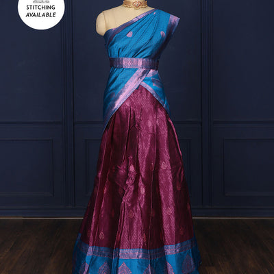 Maroon zari design art-silk semi-stitched half saree,contrast zari border, jacquard stonework blouse & intricate dhavani