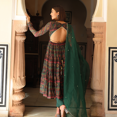 Dune Green Printed Chinon Suit Set