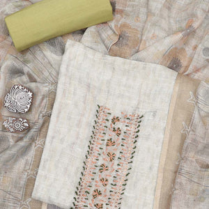 Cream material chudidhar set, unique print & neck embroidered cotton top, contrast plain bottom & floral design dupatta