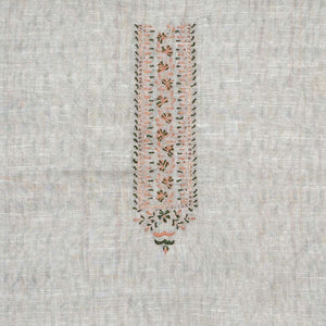 Cream material chudidhar set, unique print & neck embroidered cotton top, contrast plain bottom & floral design dupatta