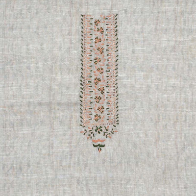 Cream material chudidhar set, unique print & neck embroidered cotton top, contrast plain bottom & floral design dupatta