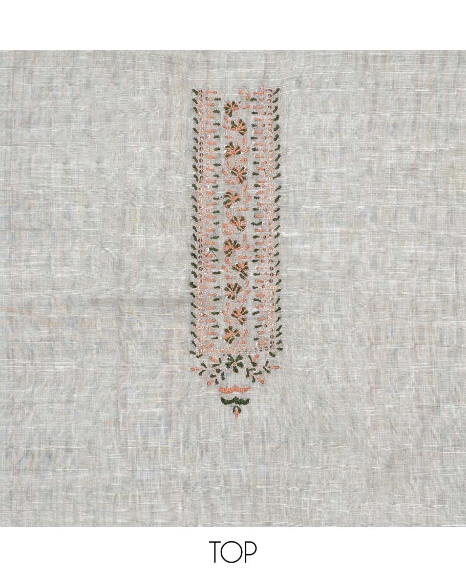 Cream material chudidhar set, unique print & neck embroidered cotton top, contrast plain bottom & floral design dupatta