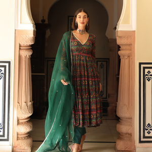 Dune Green Printed Chinon Suit Set