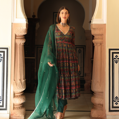 Dune Green Printed Chinon Suit Set