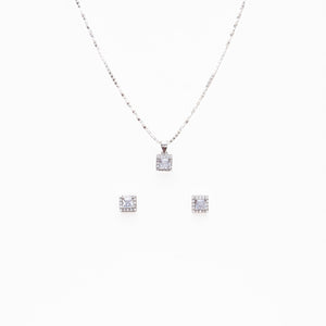 Silver Set Chain Square Pendant and Earrings with Sparkling Stones for Women