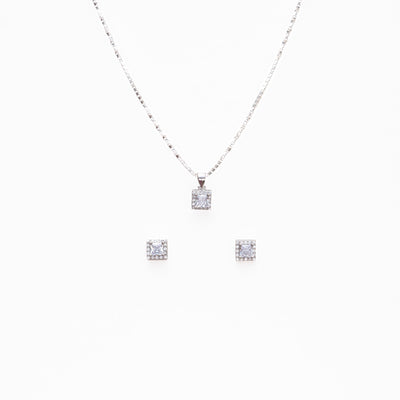Silver Set Chain Square Pendant and Earrings with Sparkling Stones for Women