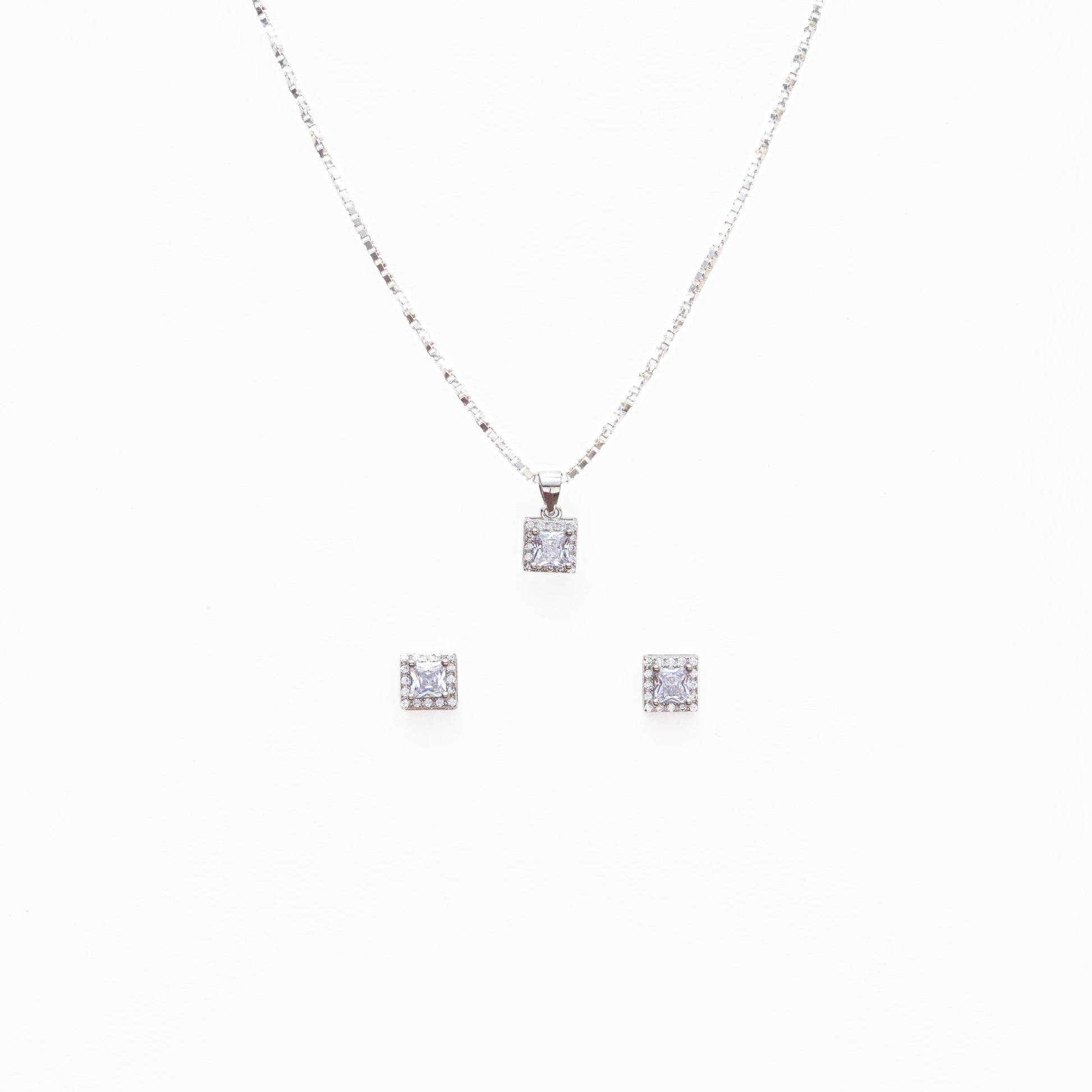 Silver Set Chain Square Pendant and Earrings with Sparkling Stones for Women