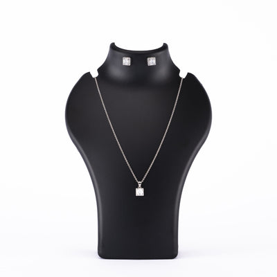 Silver Set Chain Square Pendant and Earrings with Sparkling Stones for Women