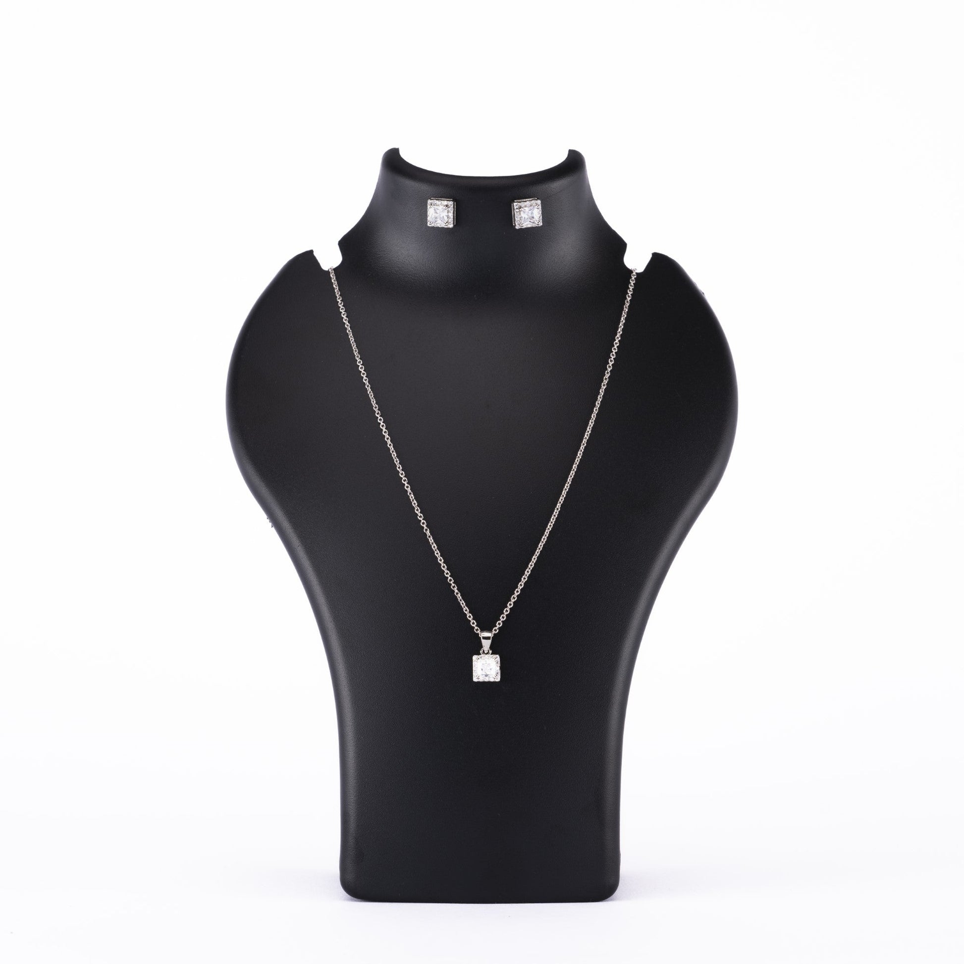Silver Set Chain Square Pendant and Earrings with Sparkling Stones for Women