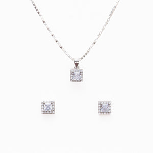 Silver Set Chain Square Pendant and Earrings with Sparkling Stones for Women