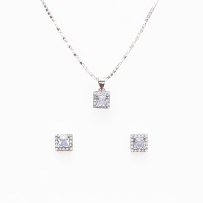 Silver Set Chain Square Pendant and Earrings with Sparkling Stones for Women