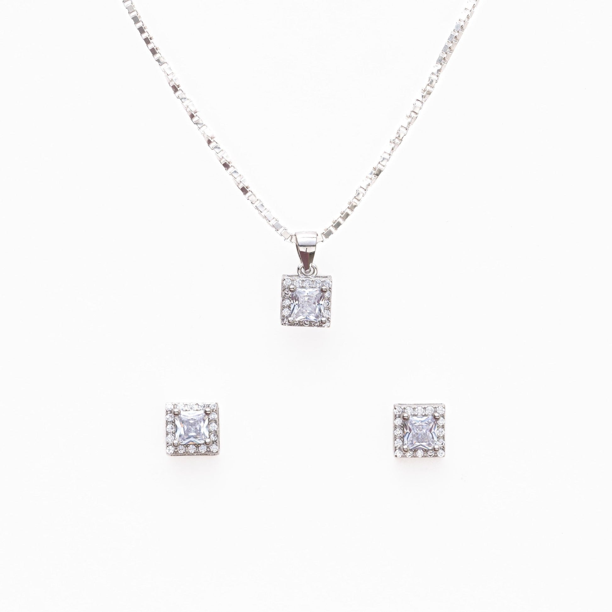 Silver Set Chain Square Pendant and Earrings with Sparkling Stones for Women