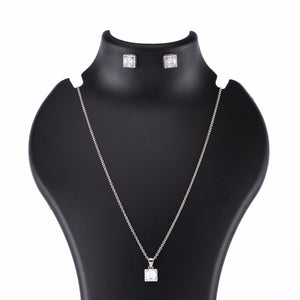 Silver Set Chain Square Pendant and Earrings with Sparkling Stones for Women