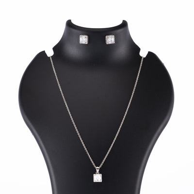 Silver Set Chain Square Pendant and Earrings with Sparkling Stones for Women