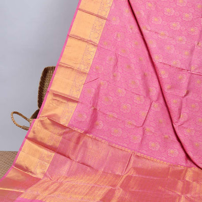 Pink floral vine design silksaree with zari buttas,  getti zari border of mayil designs & intricate pallu
