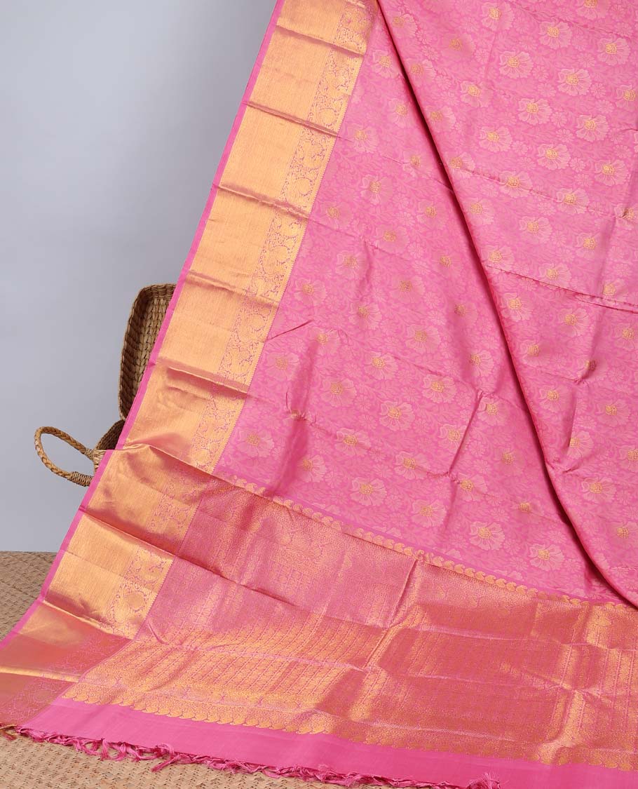 Pink floral vine design silksaree with zari buttas,  getti zari border of mayil designs & intricate pallu