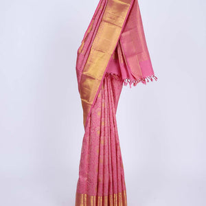 Pink floral vine design silksaree with zari buttas,  getti zari border of mayil designs & intricate pallu